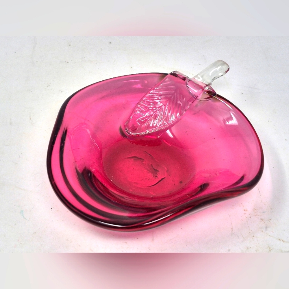 Cranberry Glass Apple Shaped Dish With Clear Glass Stem And Leaf